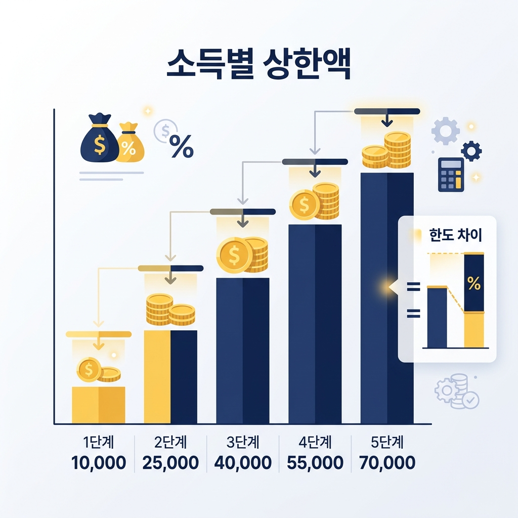 소득 수준별 상한액 차이를 보여주는 막대그래프 인포그래픽