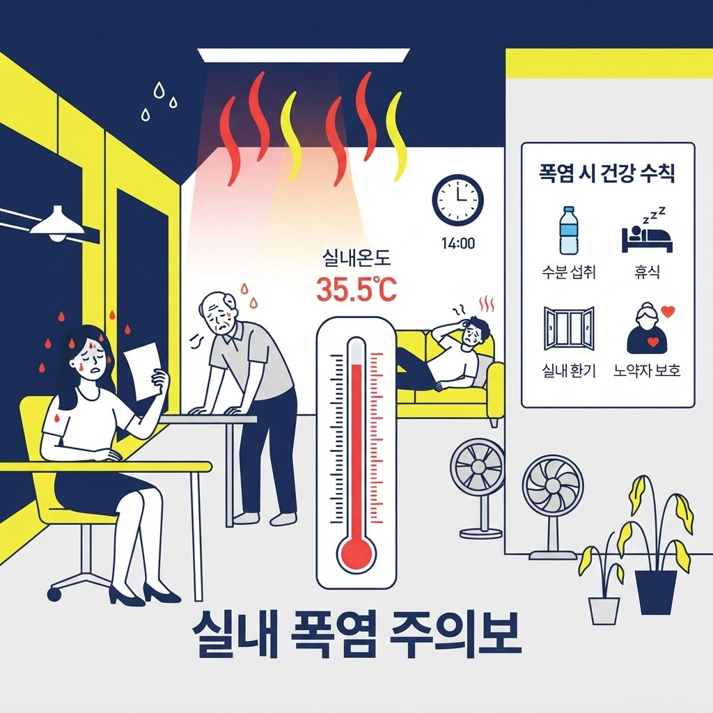 에어컨 없는 실내에서 열기를 피하지 못하는 상황을 보여주는 인포그래픽