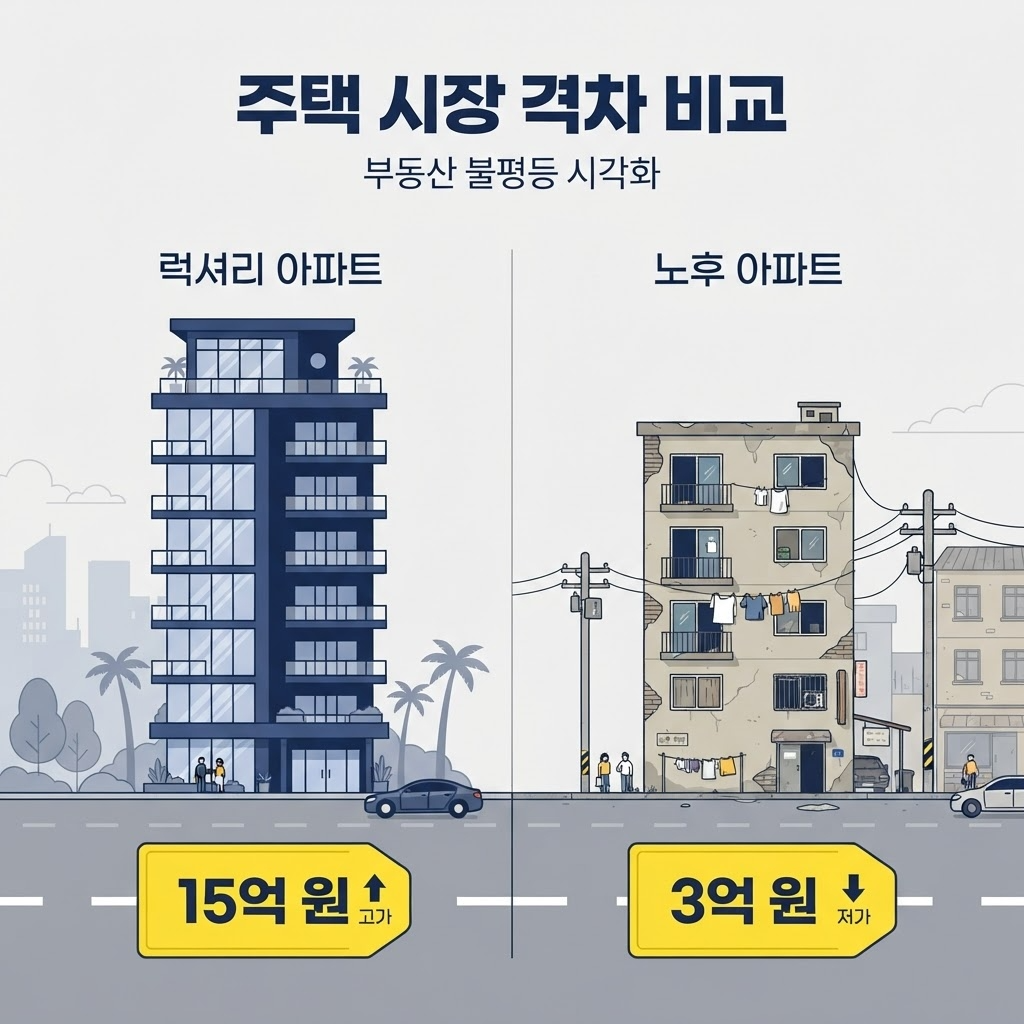 서울 아파트 - 초고가 아파트와 저가 아파트의 극단적 가격 차이를 보여주는 비교 일러스트