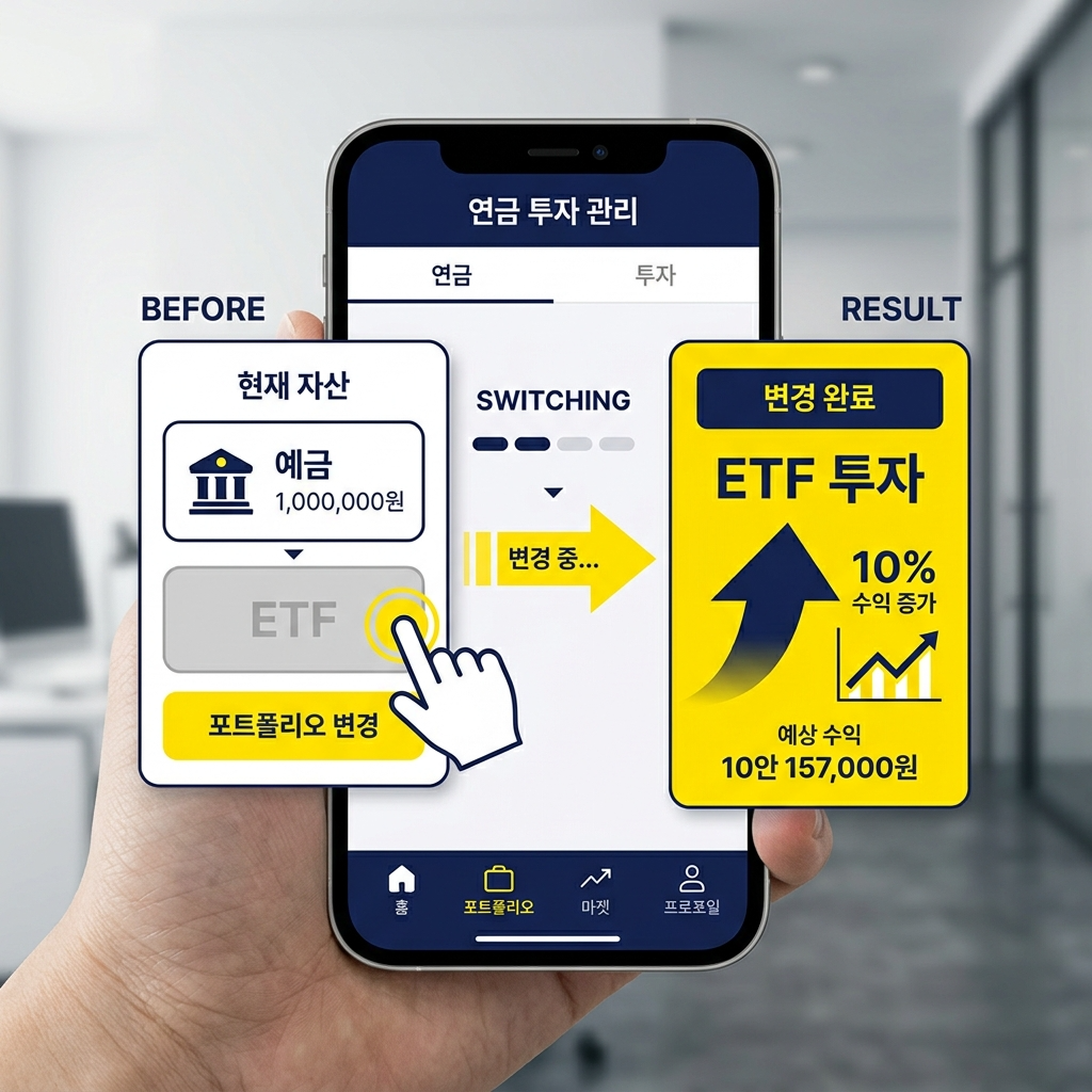 퇴직연금 앱에서 ETF로 운용 상품을 변경하는 과정을 보여주는 일러스트