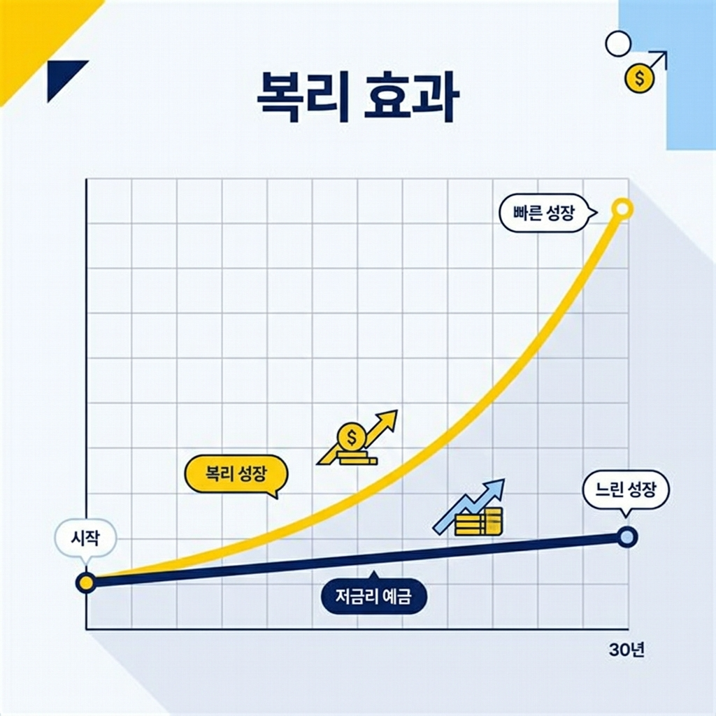 30년 장기 운용 시 예금과 투자 수익의 극적인 차이를 보여주는 그래프